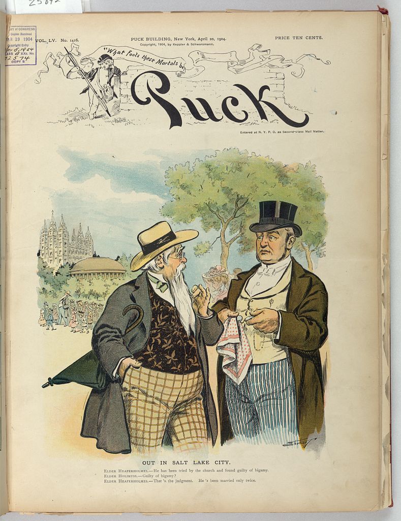 A 1904 illustration depicting two well-dressed men in conversation in Salt Lake City. One man, wearing a wide-brimmed hat and plaid trousers, gestures while holding an umbrella. The other man, in a top hat and formal attire, listens with a skeptical expression while holding a handkerchief. In the background, a crowd gathers near the Salt Lake Temple. The caption below is titled OUT IN SALT LAKE CITY and states: Elder Heaperholmes: "He has been tried by the church and found guilty of bigamy." Elder Holikuss: "Guilty of bigamy?"Elder Heaperholmes: "That’s the judgment."