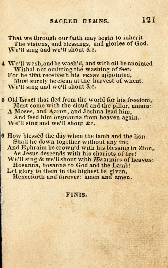 Page 121 from the 1835 Latter-day Saint hymnbook showing the final verses of “The Spirit of God,” including the removed stanza about washings and anointings.