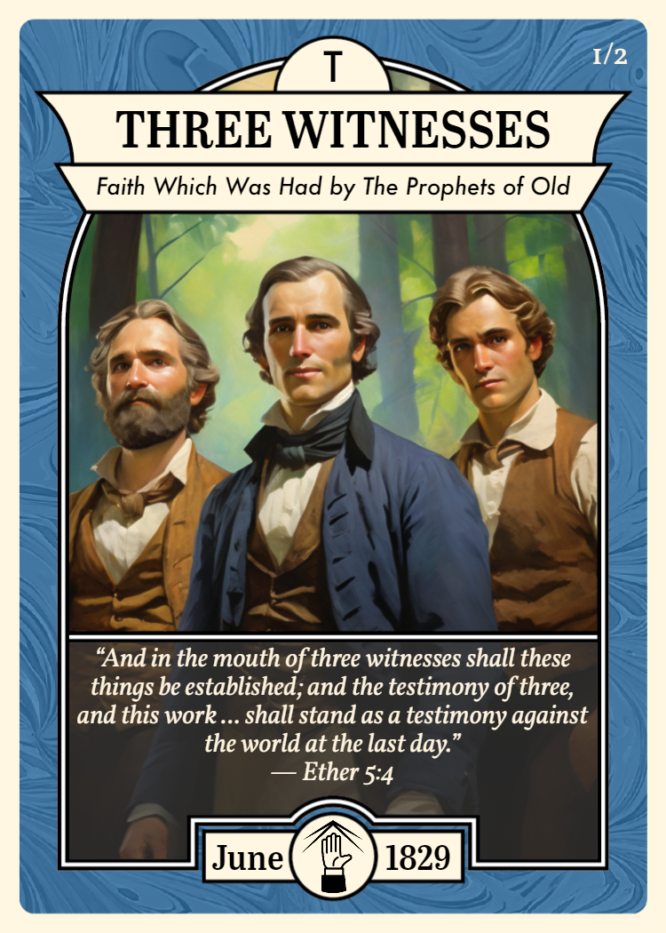 Church History Card titled "Three Witnesses" features Oliver Cowdery, Martin Harris, and David Whitmer.