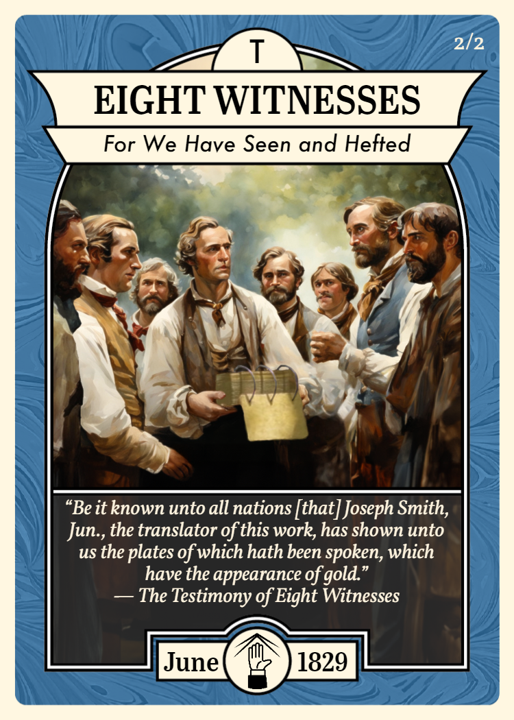 Church History Card titled "Eight Witnesses" features artwork of eight men physically examining the gold plates.
