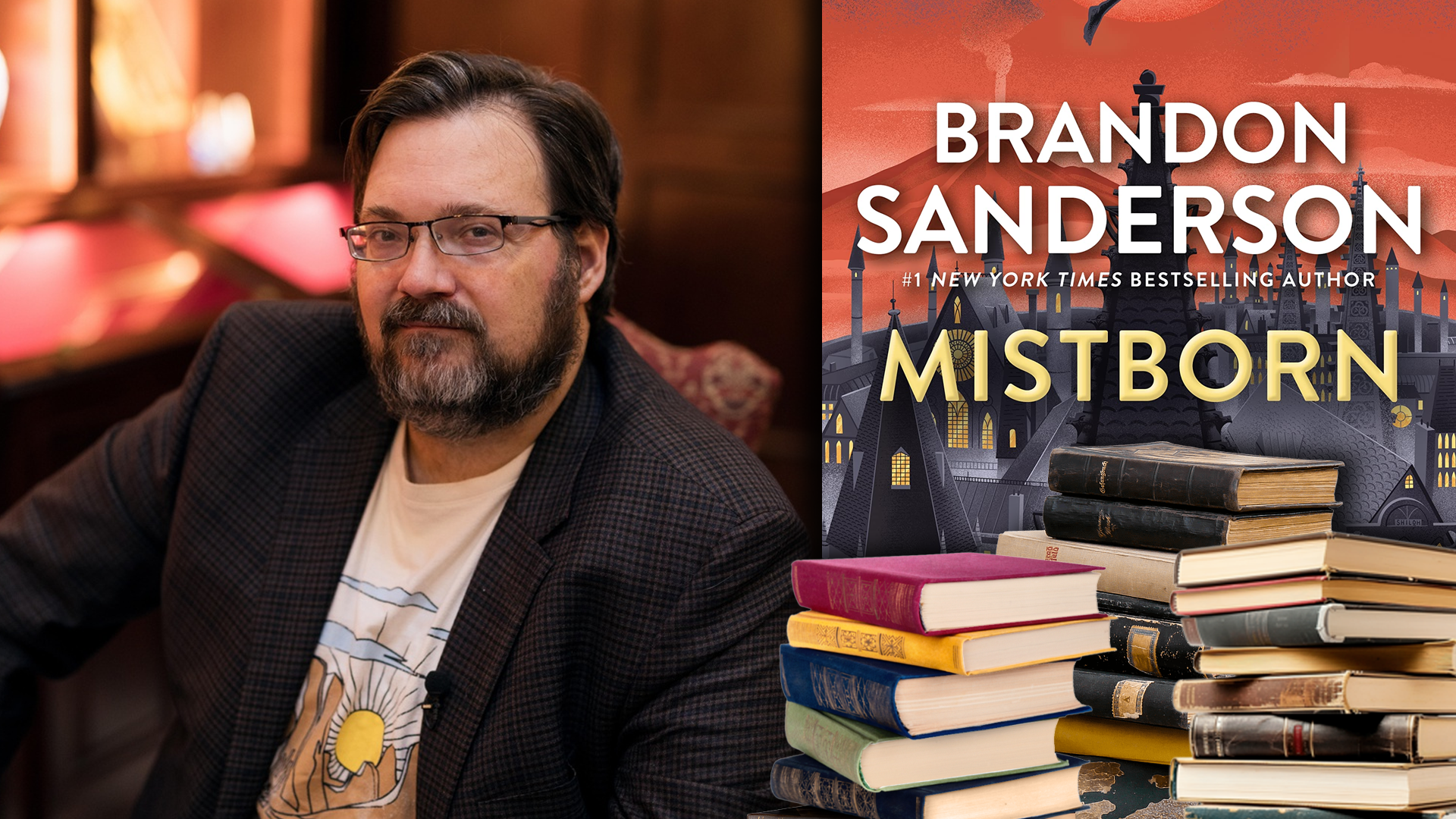 A digital collage featuring author Brandon Sanderson alongside elements from his novel Mistborn. On the left, Brandon Sanderson is seated in a warmly lit room, wearing glasses, a plaid blazer over a graphic t-shirt, and sporting a beard. On the right, the cover of Mistborn is displayed, featuring a stylized cityscape with gothic spires, warm glowing windows, and a red-hued sky. The title 'Mistborn' and Sanderson’s name appear prominently in bold white and gold lettering. At the bottom, a stack of old, worn books is layered into the collage.