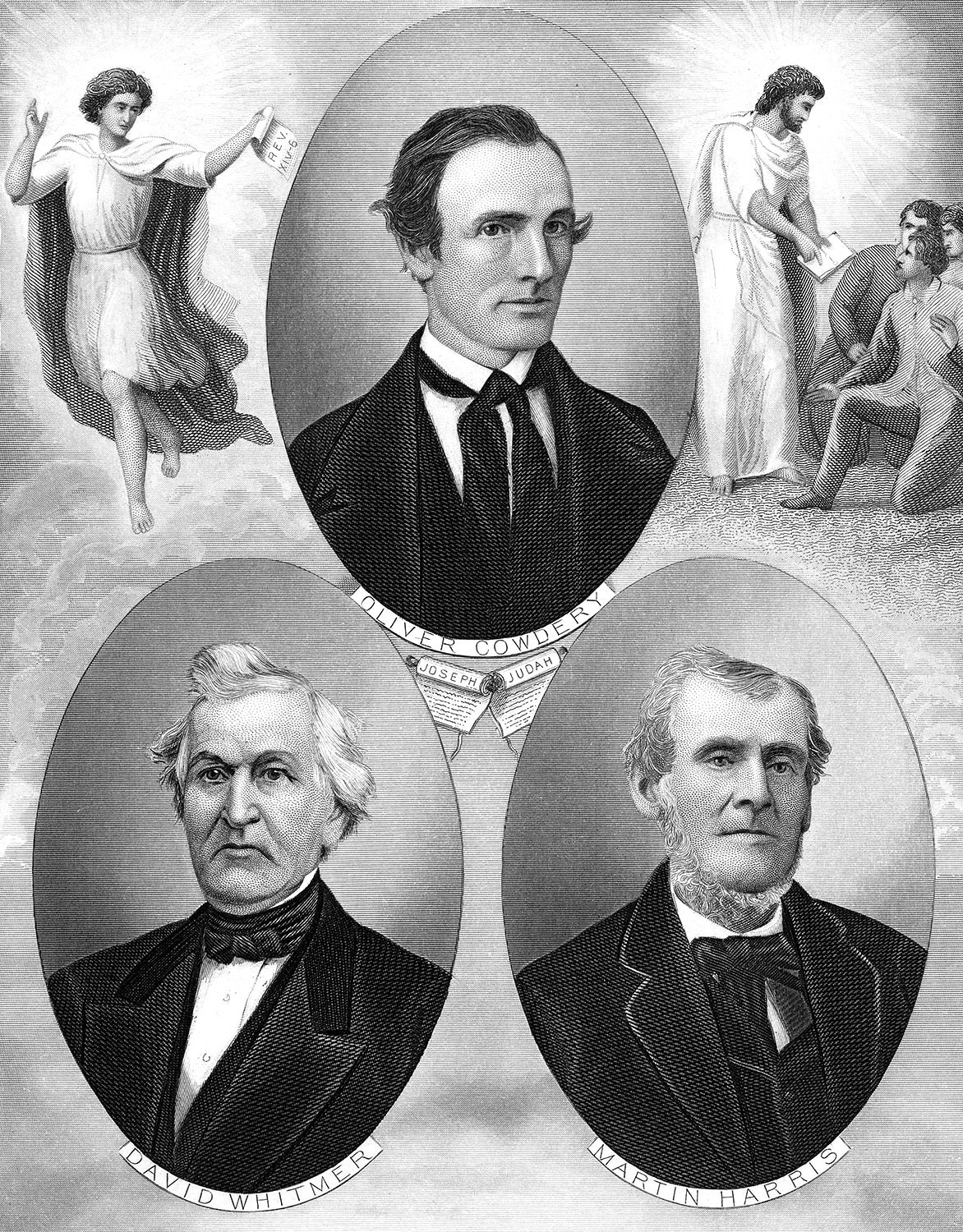 a black and white engraving from the 1883 front piece of The Contributer magazine by H. B. Hall & Sons showing three oval portraits of the three witnesses of the golden plates of the book of mormon, with accompanying scenes of an angel holding a scroll reading Rev XIV-6, and the angel Moroni showing the three witnesses the plates.