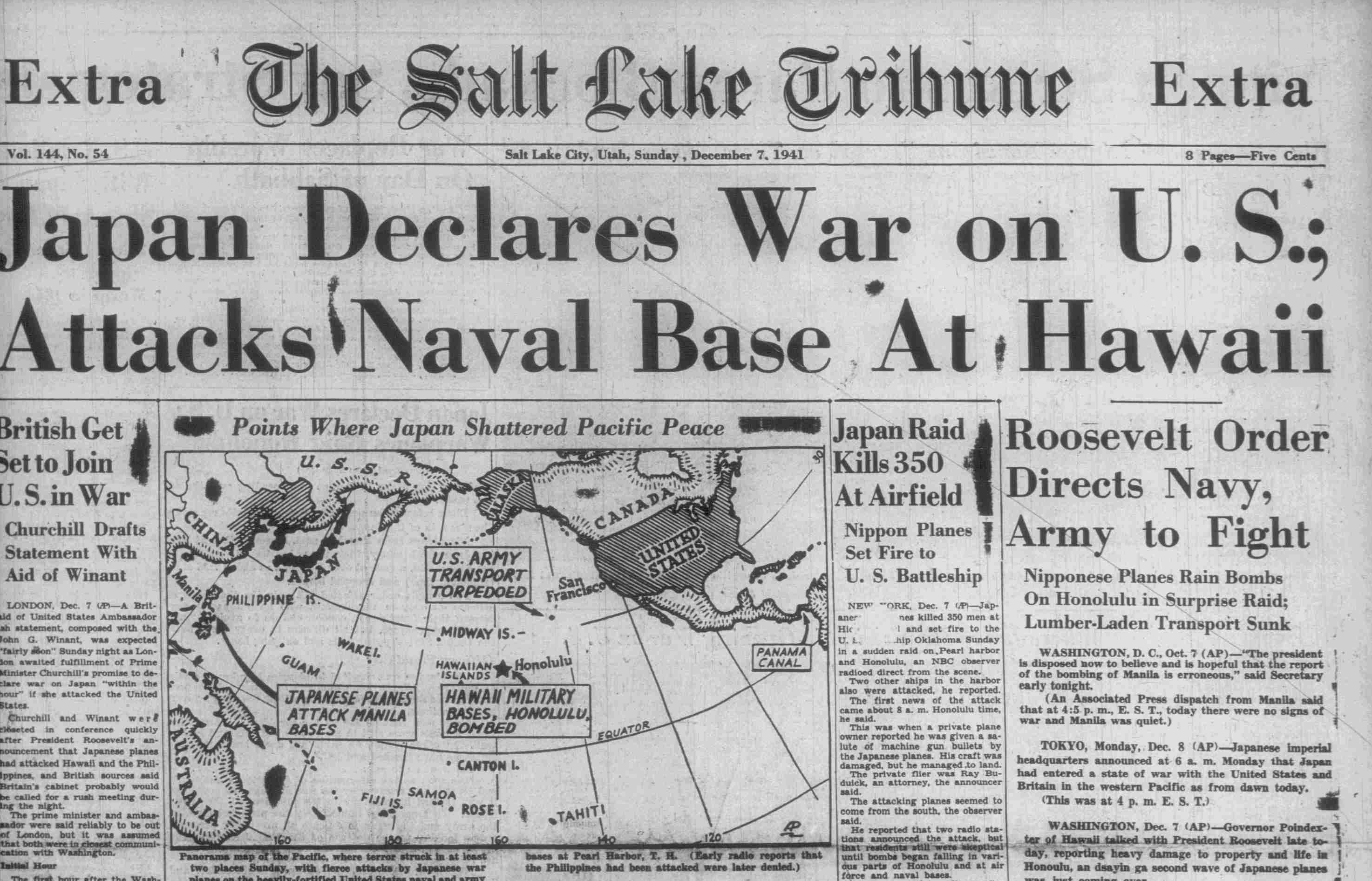 A black-and-white image of the front page of The Salt Lake Tribune dated Sunday, December 7, 1941, with the headline: “Japan Declares War on U.S.; Attacks Naval Base At Hawaii.” The issue is marked as an “Extra” edition and priced at five cents. The layout includes dramatic subheadings such as “Japan Raid Kills 350 At Airfield,” “Roosevelt Order Directs Navy, Army to Fight,” and “British Get Set to Join U.S. in War.” A large map titled “Points Where Japan Shattered Pacific Peace” shows the Pacific region with labeled locations including Japan, the Philippines, Hawaii, and the U.S. mainland, highlighting sites of Japanese attacks.