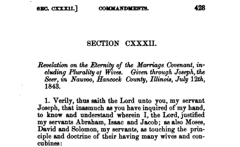 A scanned page from the 1876 edition of the Doctrine and Covenants, displaying Section 132. The section is titled "Revelation on the Eternity of the Marriage Covenant, including Plurality of Wives," and is noted as having been given through Joseph Smith in Nauvoo, Hancock County, Illinois, on July 12, 1843. The text begins with a passage attributed to the Lord, addressing Joseph Smith regarding the justification of plural marriage through biblical figures such as Abraham, Isaac, Jacob, Moses, David, and Solomon. The page number "428" is visible in the upper right corner.