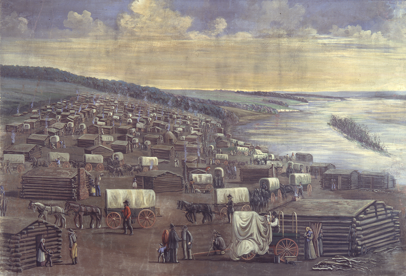 Painting by C. C. A. Christensen titled Winter Quarters (c. 1878), depicting a bustling pioneer settlement along the Missouri River. The scene shows rows of log cabins and covered wagons, with Latter-day Saint families engaged in daily life as they prepare for westward migration.