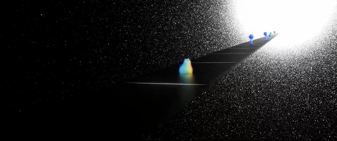 An animated still from Pixar’s Soul showing the Great Beyond. A dark, starry expanse features a glowing pathway leading toward an intense white light. Small blue souls walk along the path, while one colorful, translucent figure that looks like a cat sits.