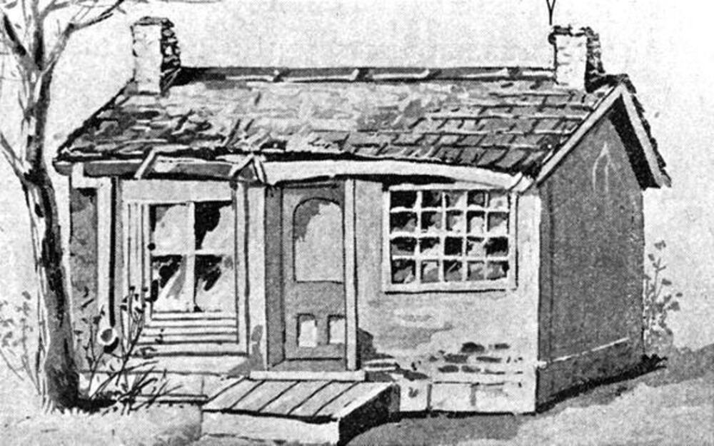 A black-and-white sketch of a small, rustic cottage with a sloped roof, two chimneys, and visible wear. The front of the house features a central door flanked by a window with broken panes on the left and a multi-pane window on the right. The porch has a simple wooden ramp leading up to it. Sparse vegetation and a bare tree are visible around the cottage, giving it an old and weathered appearance.