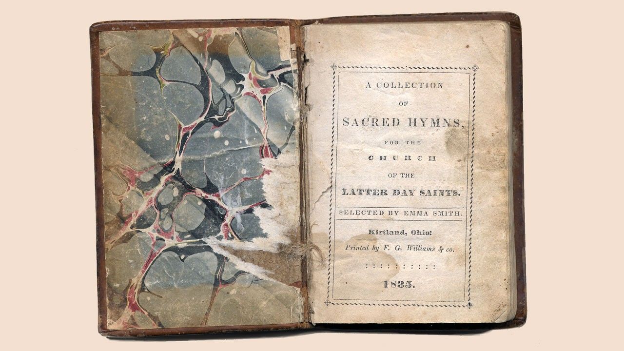 Title page of the 1835 Collection of Sacred Hymns for the Church of the Latter Day Saints, selected by Emma Smith and printed in Kirtland, Ohio.