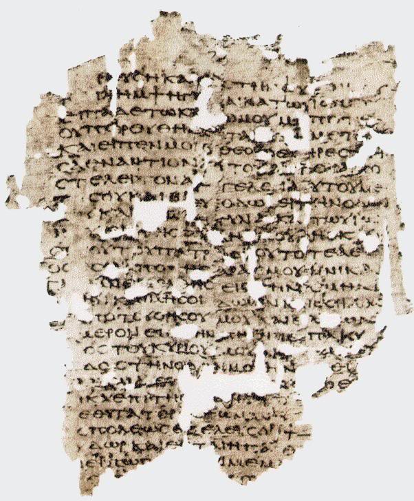A fragmentary ancient manuscript with Greek text written in black ink on aged, worn parchment. The document has multiple holes and missing sections, making some of the text incomplete or unreadable. The script appears in a continuous format without spaces between words, characteristic of ancient Greek writing.