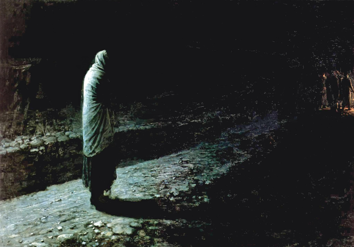 A painting by Nikolai Ge titled The Conscience of Judas shows Judas Iscariot standing alone in the dark, cloaked and isolated on a stone path. His figure is shrouded in shadow, facing away from a small, distant group of figures gathered around a fire. The stark contrast between the lighted gathering and Judas’s lonely silhouette.