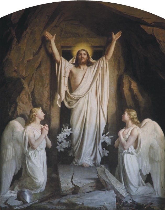 A painting by Carl Bloch titled The Resurrection shows the risen Christ standing in the entrance of the tomb, robed in white with arms raised triumphantly. A glowing halo surrounds His head. Two angels kneel on either side, gazing up at Him in reverence. White lilies, symbolizing purity and new life, bloom at Christ’s feet, while broken stones and a discarded helmet lie scattered around the tomb entrance.
