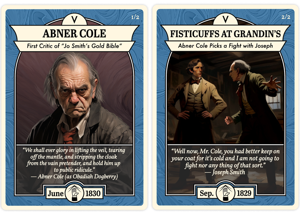 Two Church History Cards titled "Abner Cole" and "Fisticuffs at Grandin's" on a neutral background.