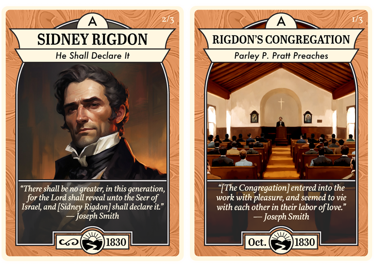 Two Church History Cards, titled "Sidney Rigdon" and "Rigdon's Congregation."