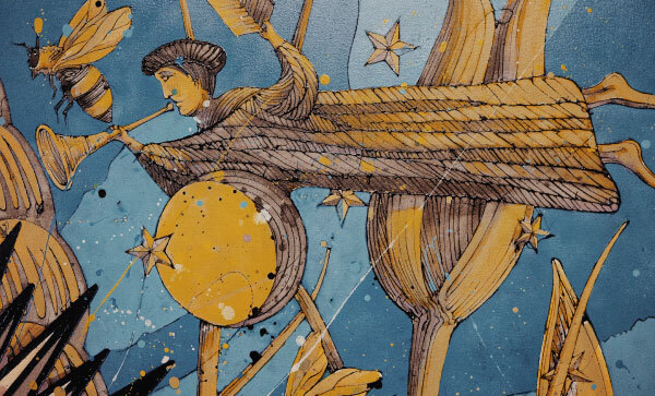 Detalle de una pintura de Jimmy Toro que representa a un ángel Moroni dorado con una trompeta.