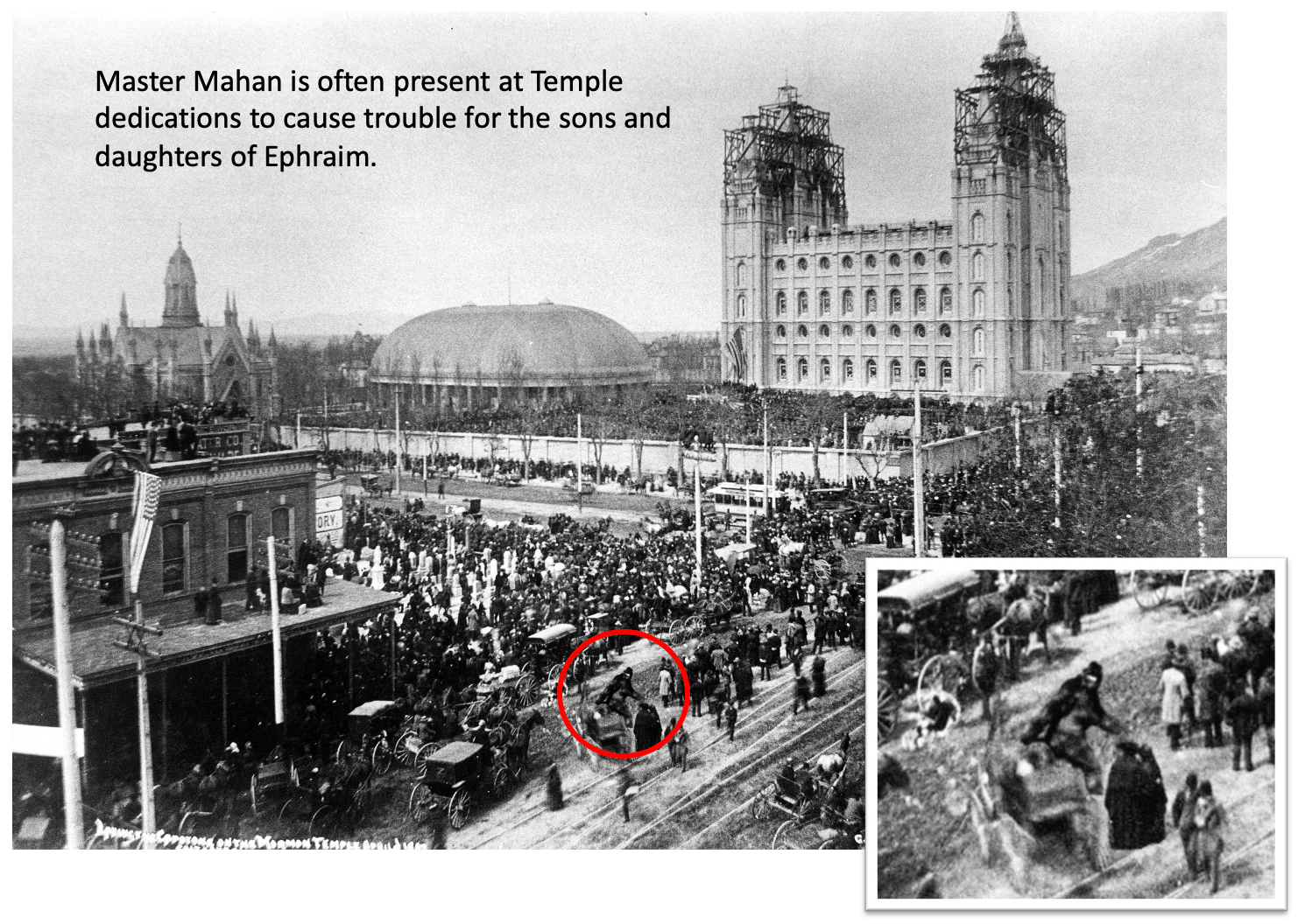 Ingewijde foto van de Salt Laketempel uit 1893, met Bigfoot in de menigte gephotoshopt.