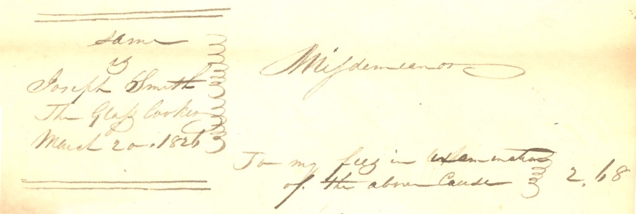 Un documento ingiallito con scrittura marrone per una nota spese di istruttoria del giudice Albert Neely per un reato minore contro Joseph Smith, il “Glass Looker”, per un totale di 2,68 $.