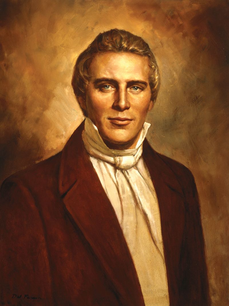 A painting titled American Prophet by Del Parson, depicting a young man with wavy, light brown hair, blue eyes, and a confident expression. He is dressed in early 19th-century attire, wearing a dark brown coat over a white shirt with a high collar and a loosely tied cravat. The background consists of warm, golden hues.
