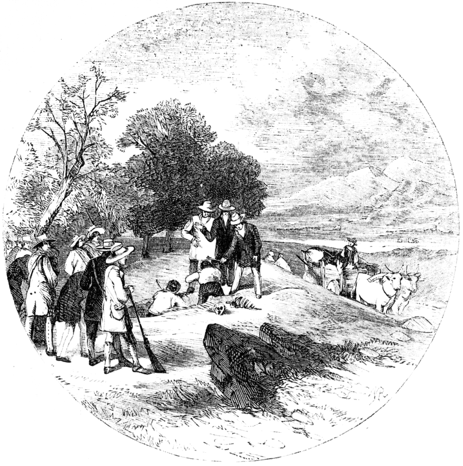 En rund svartvit gravyr från aprilnumret 1853 av Harper's New Monthly Magazine, som visar några män som gräver upp ben ur en gravhög medan andra tittar på, en konstnärlig skildring av Joseph Smiths utgrävning av Zelph lamaniten.
