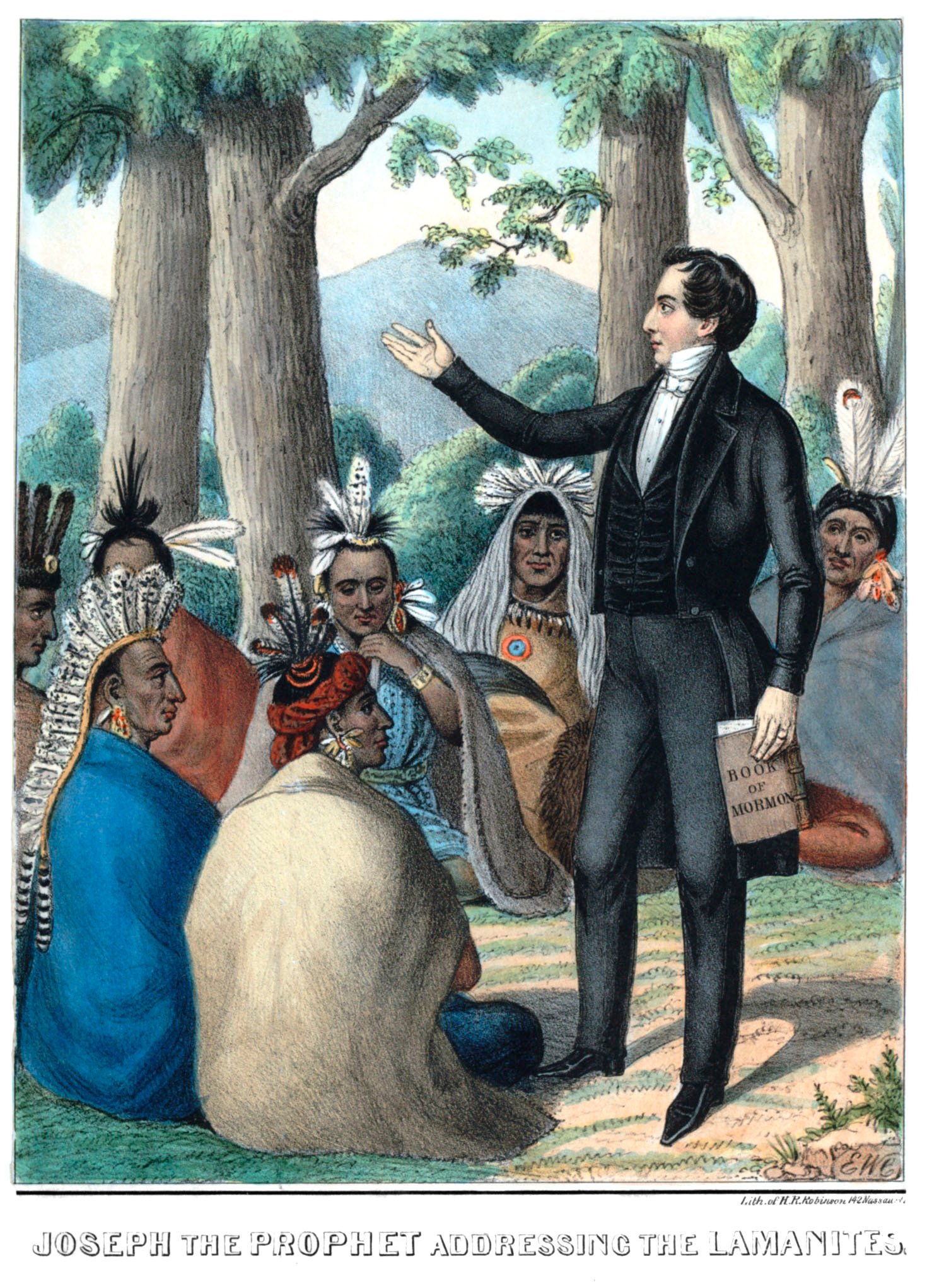 Una impresión litográfica en color de 1844 por Edward Williams Clay y Henry R. Robinson que muestra a José Smith hijo sosteniendo una copia del Libro de Mormón y extendiendo la mano hacia un grupo de indígenas nativos americanos, con el subtítulo “José el Profeta dirigiéndose a los lamanitas”.
