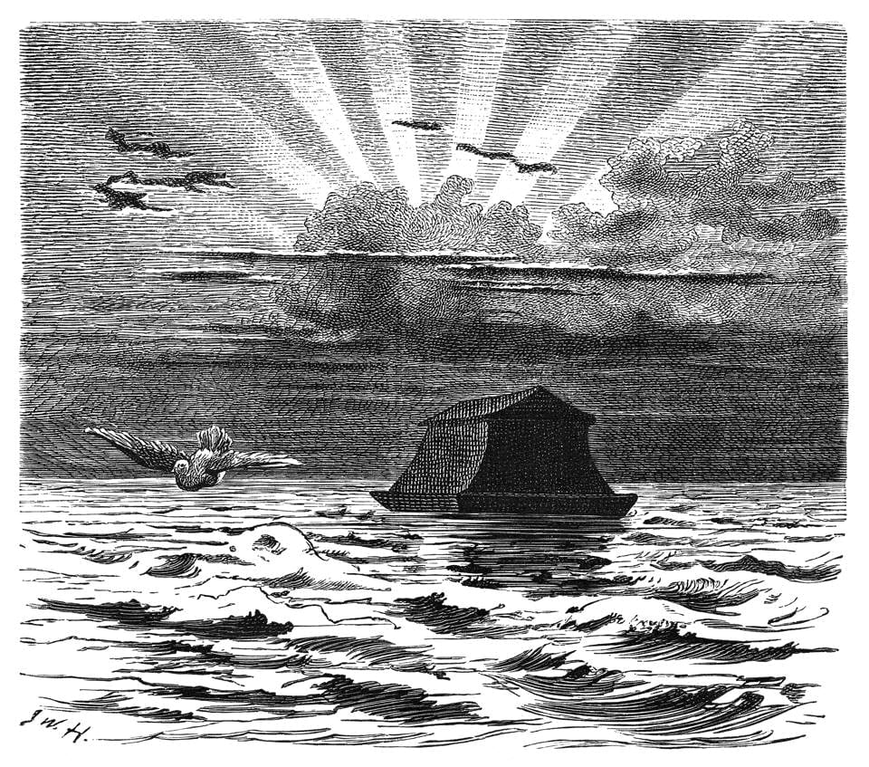 Un’incisione su legno del 1880 dell’arca di Noè sull’oceano dopo il grande diluvio, basata su un disegno di Friedrich Wilhelm Heine.
