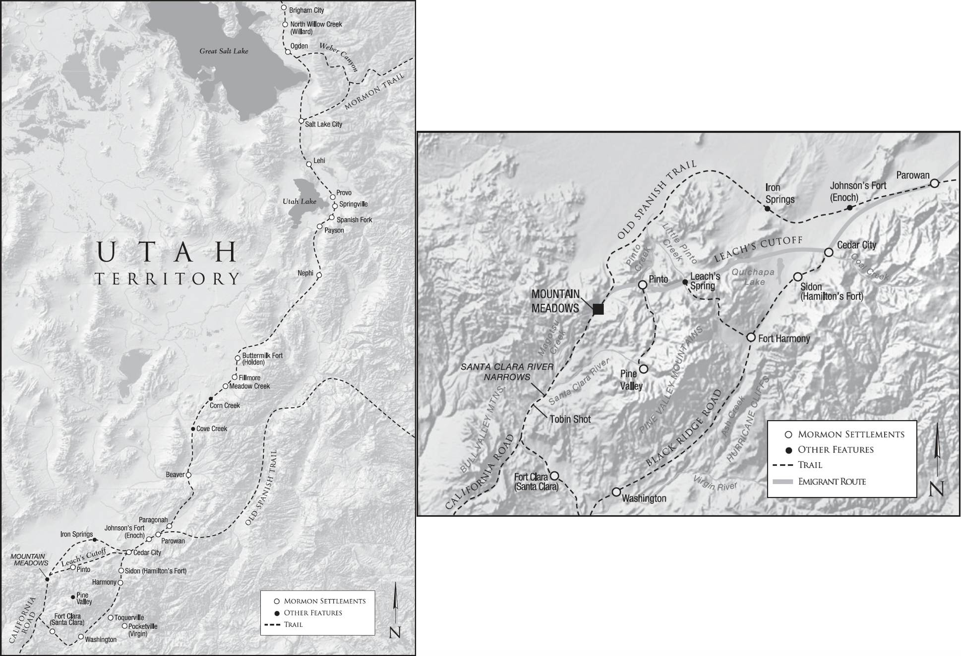 ユタ準州の地図(左)と、Mountain Meadows Massacreの現場周辺の南ユタのエリア(右)。地図はSheryl Dickert SmithとTom Childによるもので、『Massacre at Mountain Meadows』(2008年)に掲載されたものです。