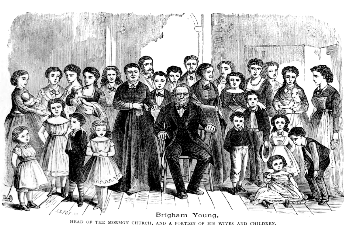 Eine schwarz-weiße Gravur von R. Guy McClellan aus dem Jahr 1872, die Brigham Young umgeben von seiner großen polygamen Familie zeigt, aus
