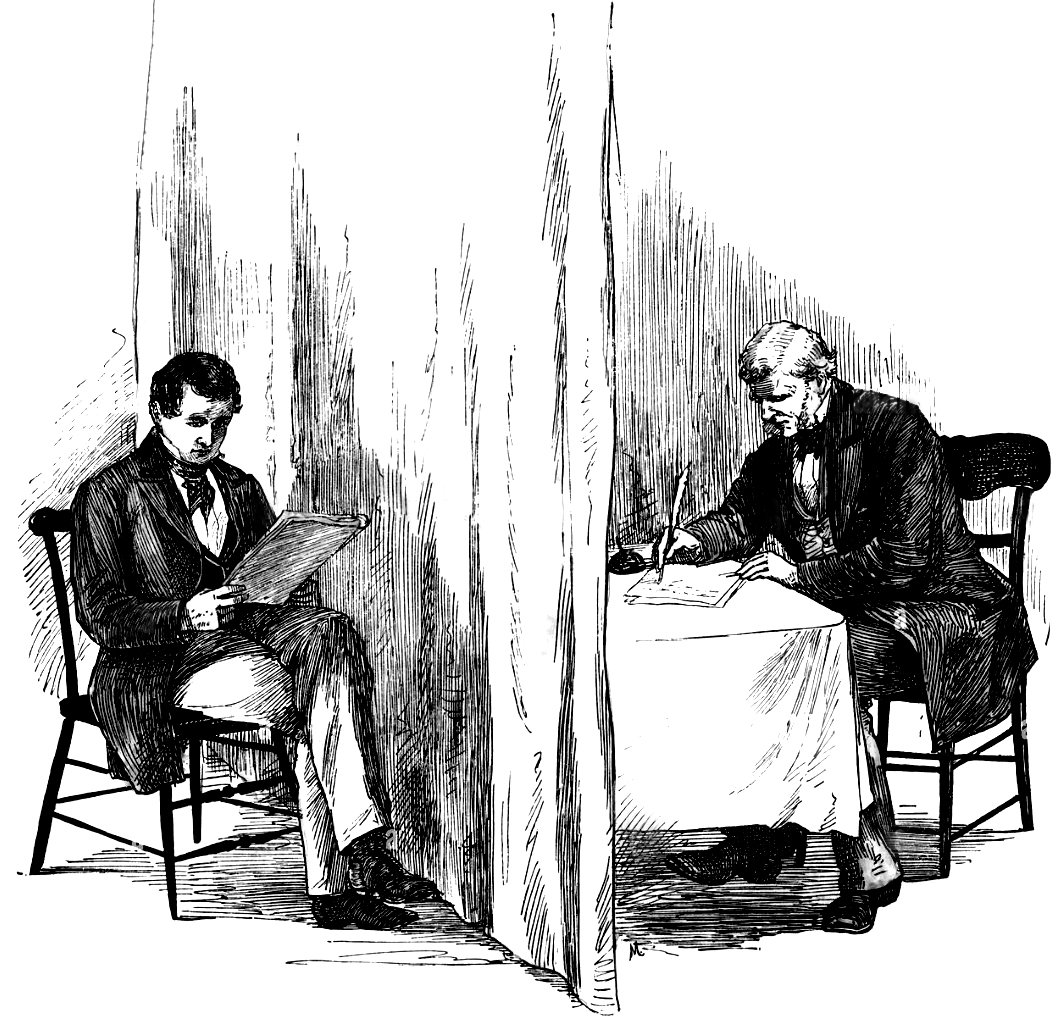 En svartvit gravyr från 1800-talet som visar Joseph Smith när han översätter guldplåtarna, medan hans skrivare Martin Harris skriver bakom ett draperi.