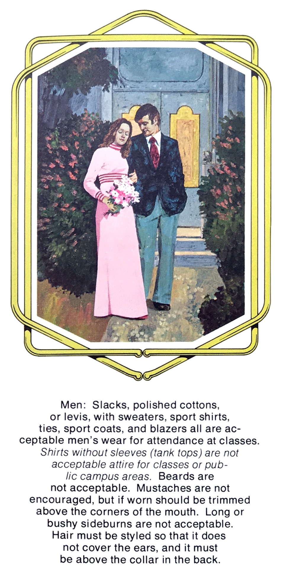Eine Seite aus einer Broschüre, die einen jungen Mann und eine junge Frau in einem dekorativen goldenen Rahmen zeigt, aus der Broschüre der Brigham Young University (BYU) von 1972 zu Kleidungs- und Pflegestandards,
