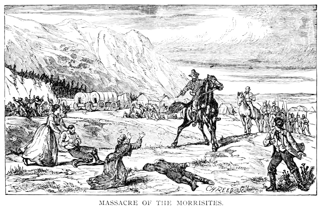 Un grabado en blanco y negro que muestra la Mountain Meadows Massacre del libro de 1900