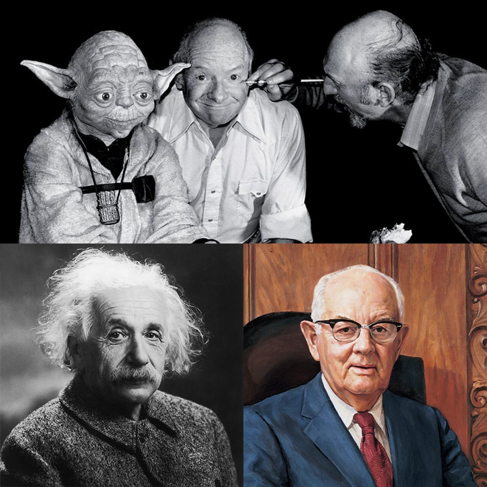 Sopra: una foto del pupazzo di Yoda, Stuart Freeborn e Irvin Kershner. In basso a sinistra: Albert Einstein. In basso a destra: Spencer W. Kimball.