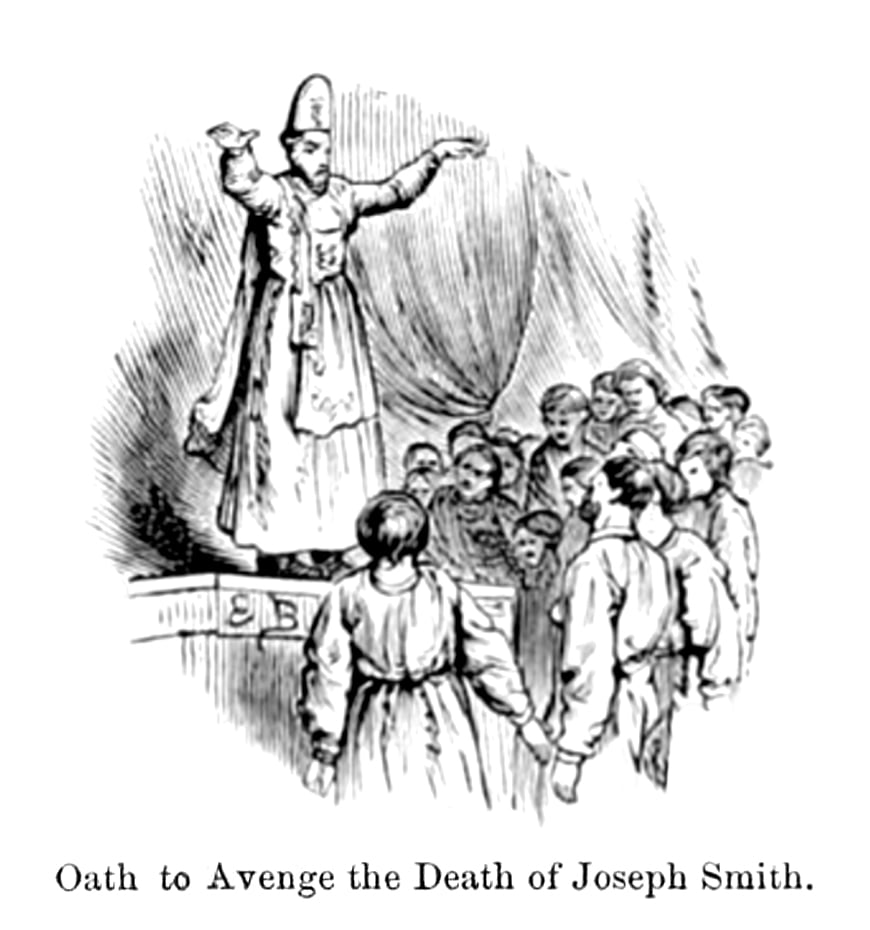 Un’incisione in bianco e nero di un uomo in vesti che predica a una folla da un palco, tratta dall’opera denuncia del 1870 di John H. Beadle,