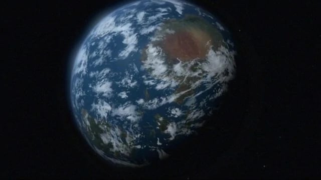 El planeta similar a la Tierra Kobol de Battlestar Galactica, inspirado en Kolob de los Santos de los Últimos Días, sobre un fondo negro del espacio.