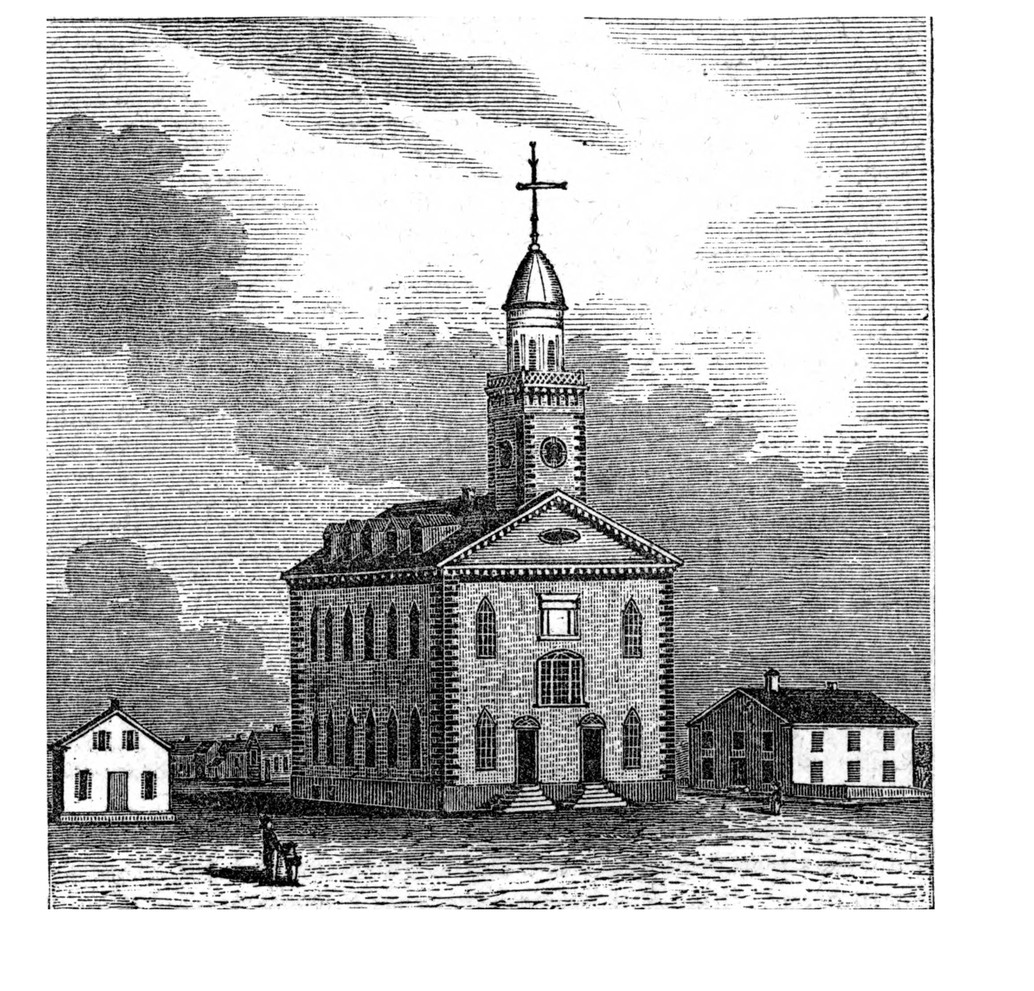 Uma imagem gravada em preto e branco de 1846 da “old mormon banking house” (provável sede da Kirtland Safety Society Anti-Banking Company) e do templo de Kirtland, feita por Henry Howe em seu livro “Historical Collections of Ohio.”