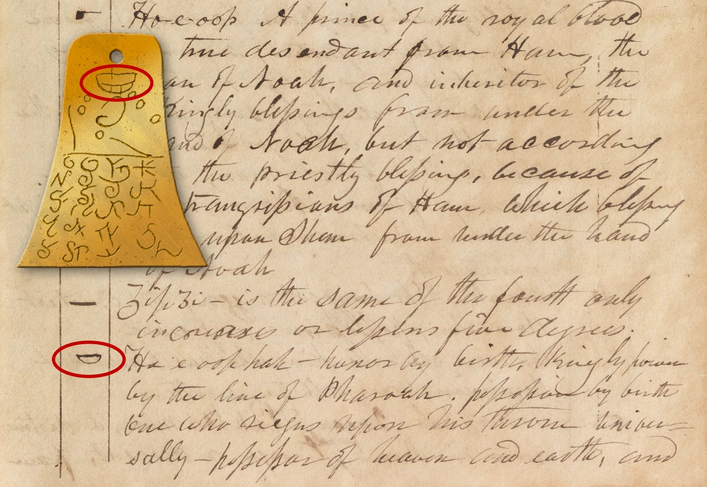 Isang diyagram na nagpapakita ng isa sa mga platong Kinderhook sa ibabaw ng isang sulat-kamay na pahina mula sa Grammar and Alphabet of the Egyptian Language ni Joseph Smith, na may mga pulang bilog na naghahambing sa dalawang magkahawig na simbolo.
