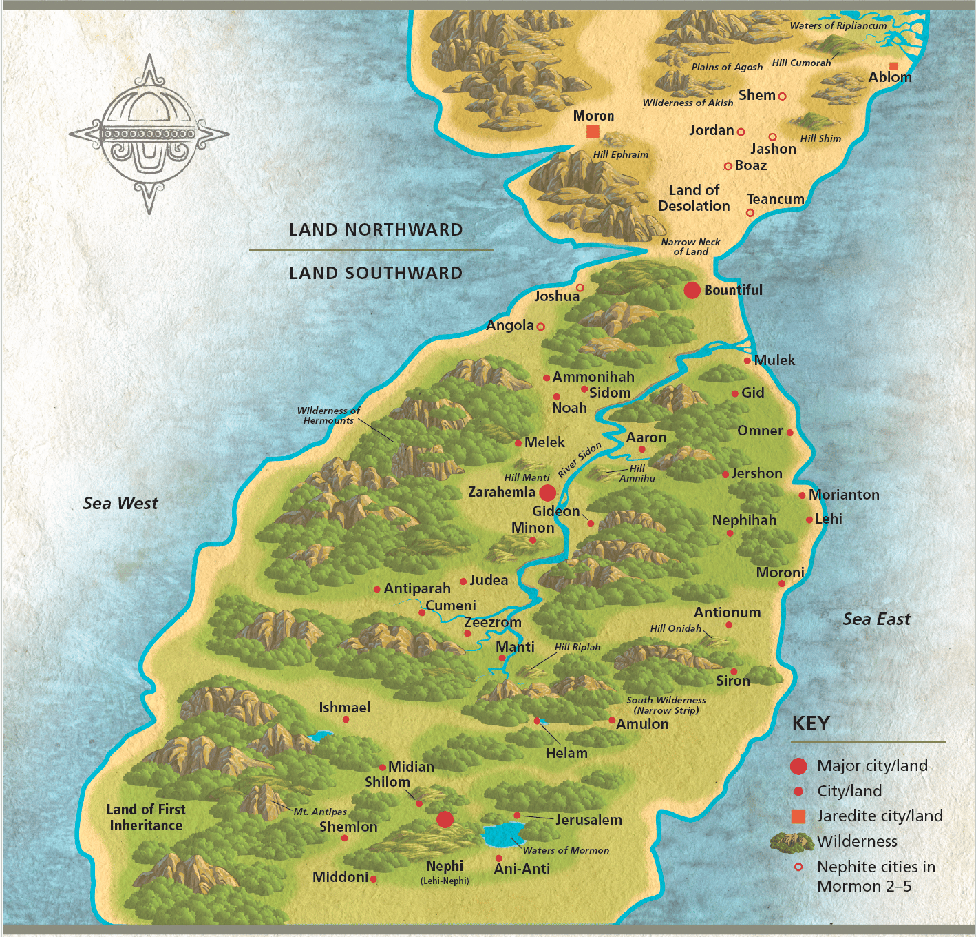 Um mapa estilizado das terras do Livro de Mórmon mostrando a “Terra do Norte” e a “Terra do Sul” separadas por um estreito istmo de terra. O mapa identifica rios, regiões selvagens, colinas e mares importantes (Mar do Oeste e Mar do Leste). Cidades e terras são marcadas com pontos vermelhos, incluindo Zaraenla, Abundância, Morôni, Néfi, Cumêni, Manti, Gideão e outras. Cidades jareditas como Morom e Sem aparecem na Terra do Norte. Uma legenda indica símbolos para cidade/terra principal, cidade/terra, cidade/terra jaredita, região selvagem e cidades nefitas em Mórmon capítulos 2–5.
