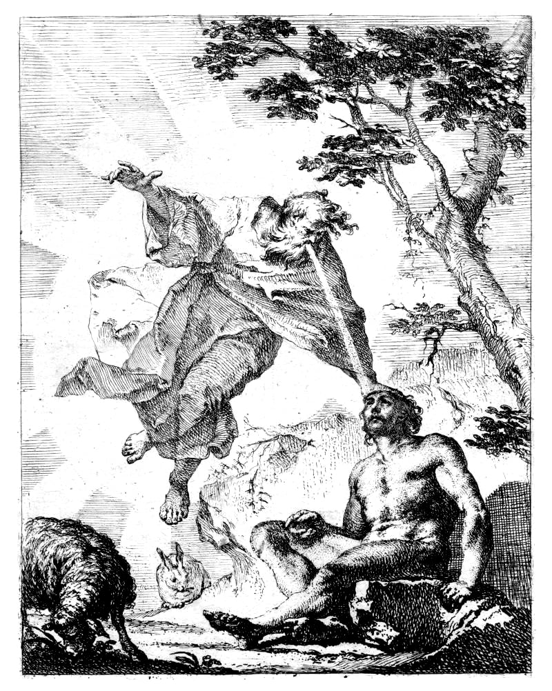 Eine Schwarz-Weiß-Radierung, ca. 1760, die Gott in der Luft zeigt, mit einer Hand auf Adams Kopf, wie er ihm im Garten Eden Leben einhaucht, mit dem Titel „Gott haucht Adam Leben ein“ von Franz Xaver Karl Palko.