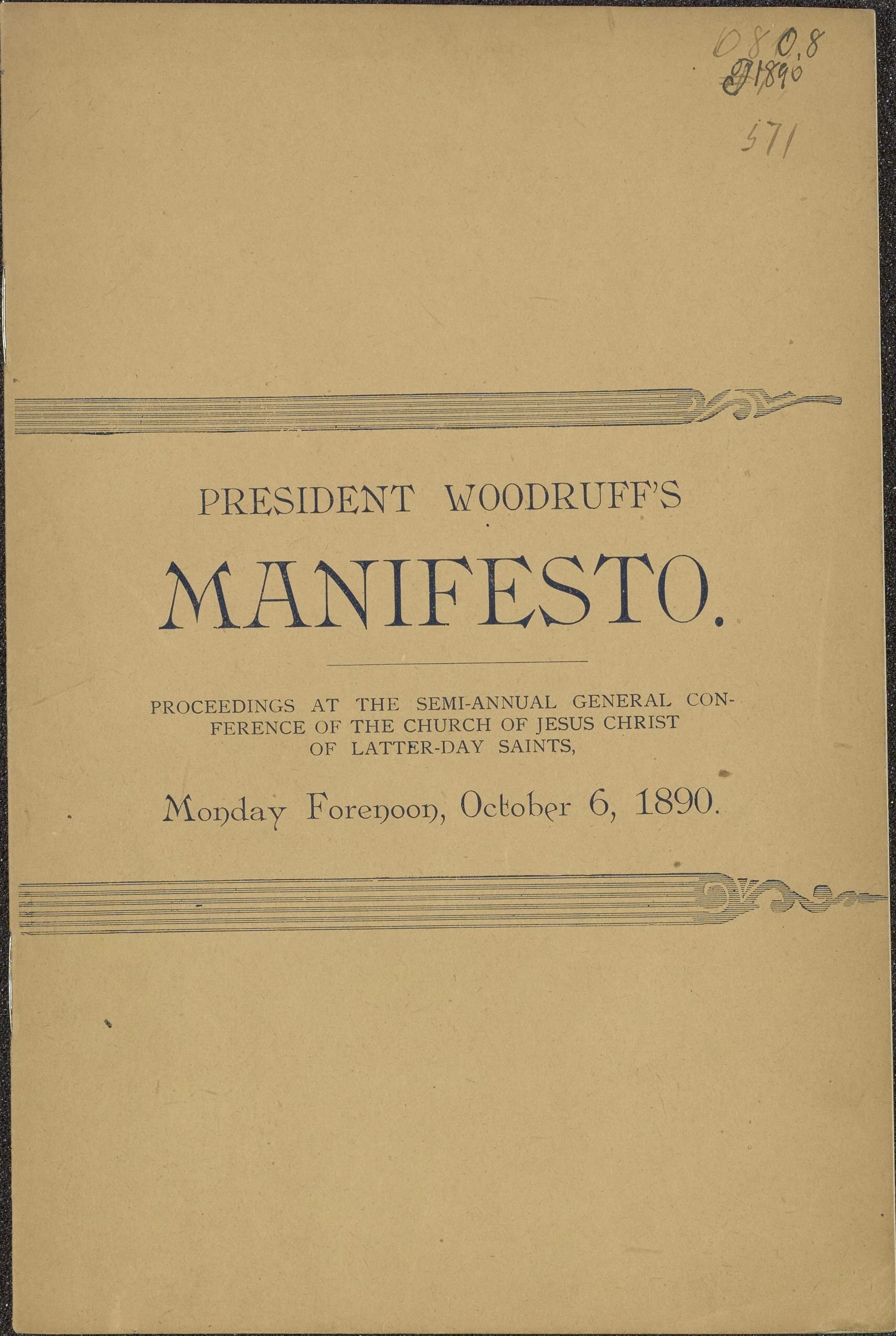 Originalpublicerad version av Wilford Woodruffs Manifesto från 1890 som tillkännager kyrkans avsikt att upphöra med att utöva månggifte. Church History Library.